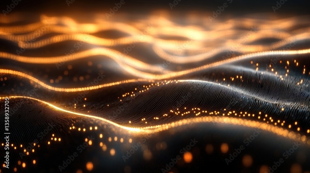 Poster illuminated undulating terrain an abstract digital landscape with glowing particles creating a sense