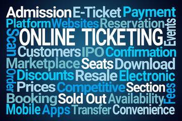 Online Ticketing Word Cloud on Blue Background