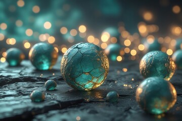 Festive winter scene with glass ornaments and a dreamy, bokeh-filled background.