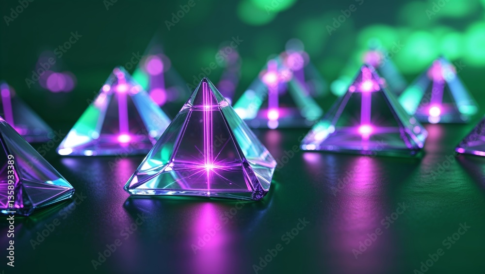 Poster colorful crystal pyramids reflecting light in a dark environment create a captivating visual display