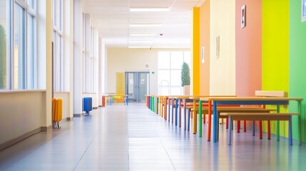 Vibrant school hallway with bright walls and colorful furniture, tables and benches arranged neatly, soft natural light creating a lively, welcoming atmosphere.  