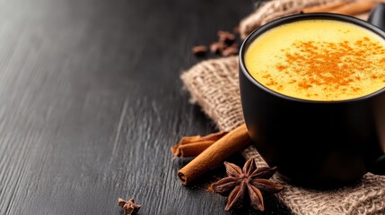 Fototapeta premium A black mug filled with rich golden milk sits among spices, signifying warmth and comfort, inviting feelings of tranquility, relaxation, and the essence of cozy moments at home.