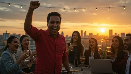 Indian businessman celebrates with fist raised on rooftop. Diverse group drinking and laughing at sunset. Achievement, teamwork, success, and happiness.