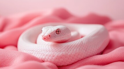 Fototapeta premium A mesmerizing white snake rests on plush pink fabric, highlighting its stunning color contrast while emphasizing the harmony of texture and shape in nature.