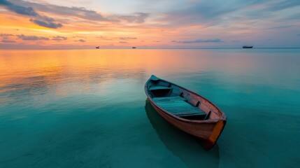 Fototapeta premium A tranquil sunset scene casting vibrant colors over calm waters, featuring a lonely boat anchored peacefully amidst the picturesque surroundings of nature's beauty.
