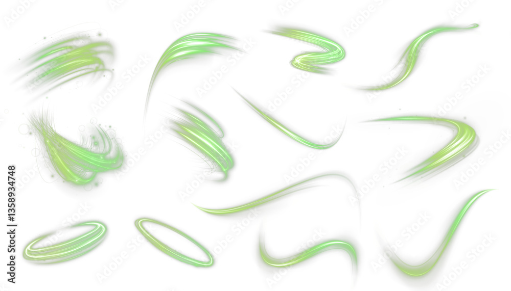 Aufkleber glowing neon lines in green tones with sparkling energy effects and fast motion swirls. abstract fut