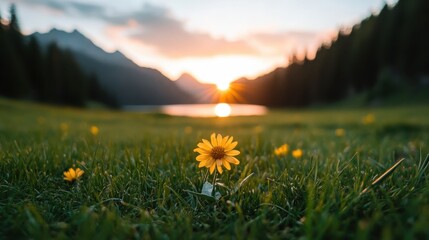 A solitary yellow flower stands tall against a stunning sunset backdrop over a mountain range, symbolizing resilience and the beauty found in simplicity and solitude.