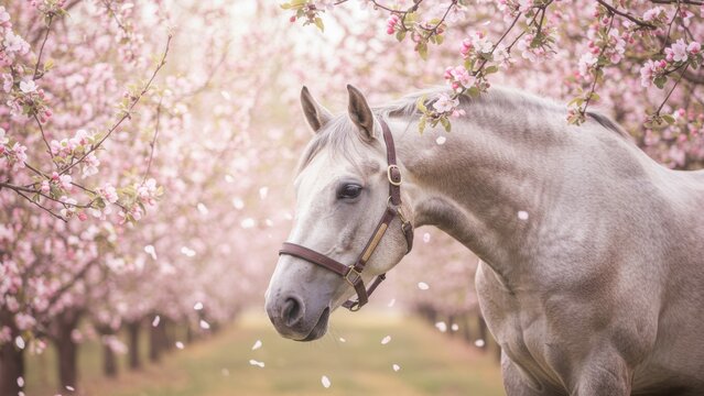 Gray horse stands amidst blossoming trees in soft light, creating a serene landscape beauty, spring freshness, natural elegance present