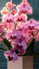 Pink and White Phalaenopsis Orchids in a Purple Pot with Vibrant Colors, Macro Shot, Ultra-High Resolution, Realistic Photography with Sharp Focus