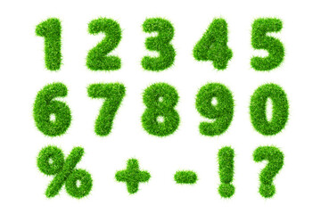 3d green grass font, fur fluffy numbers from 0 to 9. Fresh plant digits, percent sign, question mark, exclamation, plus, minus symbol with soft greenery moss texture. Nature, ecology. 3D illustration