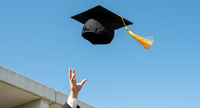 Graduate celebrating by throwing cap against clear blue sky  
