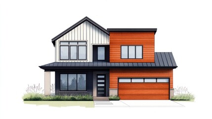 Architectural drawing of a modern residence outdoor setting hand-drawn art unique design perspective