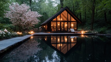 An elegant cabin surrounded by lush trees and blooming flowers reflects in the still waters, creating a tranquil and inviting scene that inspires relaxation and serenity.
