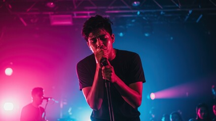 Young adult hispanic male sings holding microphone under colorful pink and blue stage lights in a concert with audience. Performance and musical expression.
