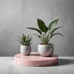 Obraz premium Minimalist Home Decor Two Potted Plants on Pink Marble Stand