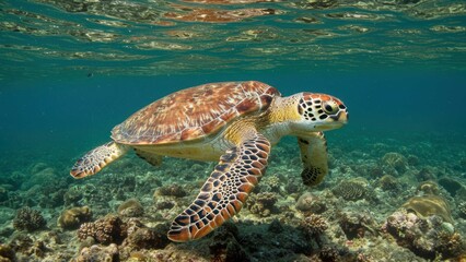Fototapeta premium Underwater shot shows green sea turtle swimming near coral reef. Light is natural, creating a serene atmosphere. Highlights underwater marine environment.