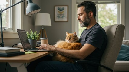 Fototapeta na wymiar Man (30s) sits with an orange cat on his lap and uses a laptop at home desk. Books, coffee cup, and plant. Remote work shown.