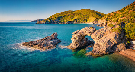 Attractive morning view of Kama beach in Kalamos village. Sunny outdoor scene of Euboea island,...