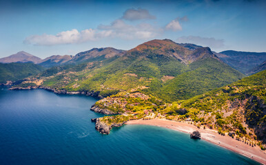 Breathtaking summer view from flying drone of Limnionas beach. Spectacular morning scene of Euboea island, Greece, Europe. Beautiful seascape of Aegean sea. Traveling concept background.