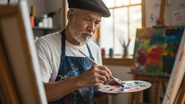 Senior Hispanic male artist with beard in studio mixes paints with brush on palette. Warm, natural light filters in creating a focused, creative atmosphere. Supports hobbies.