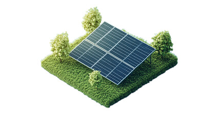A landscape model with solar panels and trees, placed on a transparent background.