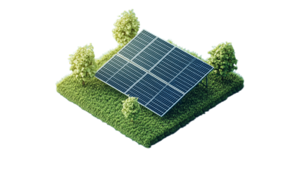 A landscape model with solar panels and trees, placed on a transparent background.