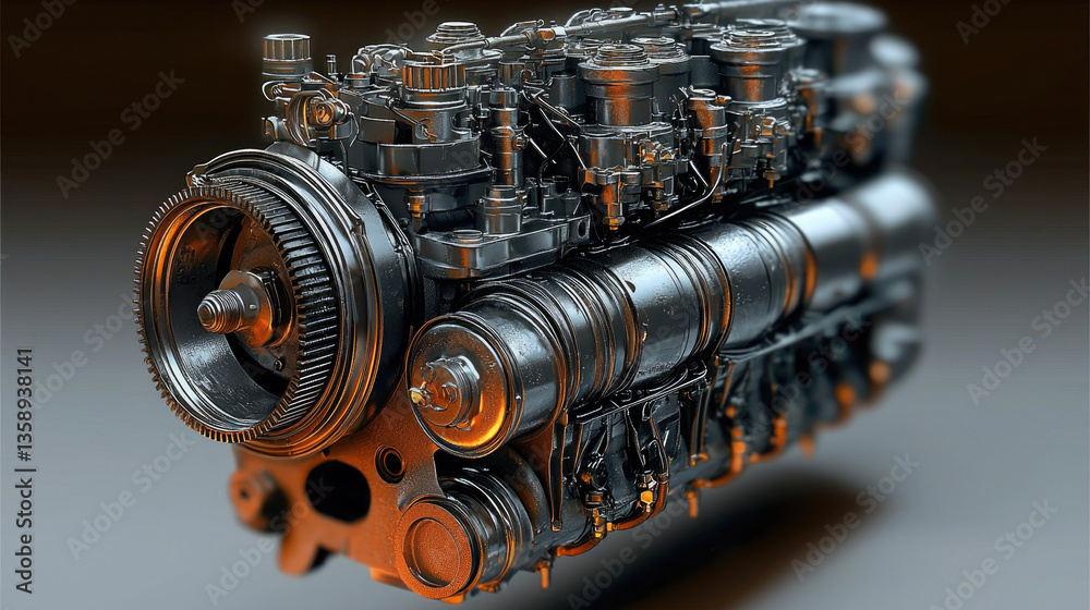 Poster high quality engine model showcasing intricate details and components, emphasizing mechanical design