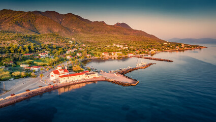 Astonishing summer sunrise in St. Georgios port. Exciting morning scene of Peloponnese peninsula,...