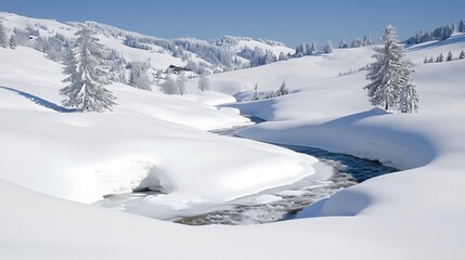 Obraz premium Snowy river valley winter landscape.