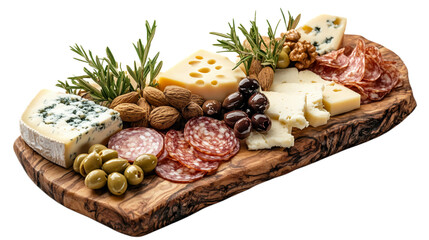 Wooden board with a variety of snacks on a transparent background. It contains various types of cheese, salami sausage, walnuts, almonds, olives, and fresh rosemary sprigs.