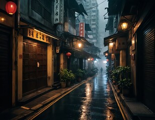 Obraz premium Rainy Night in a Historic Asian Alleyway