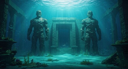 Mysterious Underwater Ruins with Ancient Stone Guardians Sunbeams Illuminating Submerged Temple