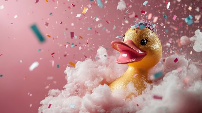 A charming rubber duck surrounded by soft clouds of confetti and playful colors, exuding whimsy and joy, perfect for celebrating special moments and carefree times.