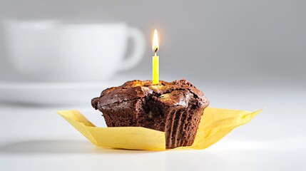 Cupcake with a lit candle on top of it. The candle is yellow and the cupcake is chocolate
