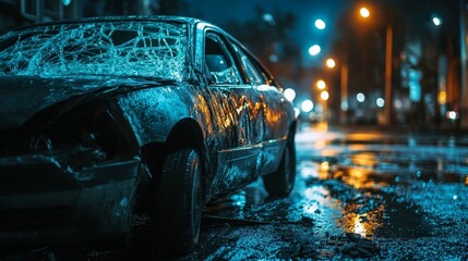 Damaged car with shattered windshield and scratched paint parked on a quiet street, depicting vehicle accident aftermath and insurance claim scenarios.