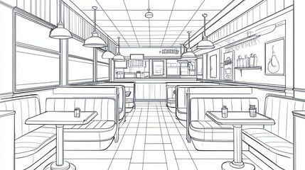 Obraz premium Retro Diner Interior Line Drawing