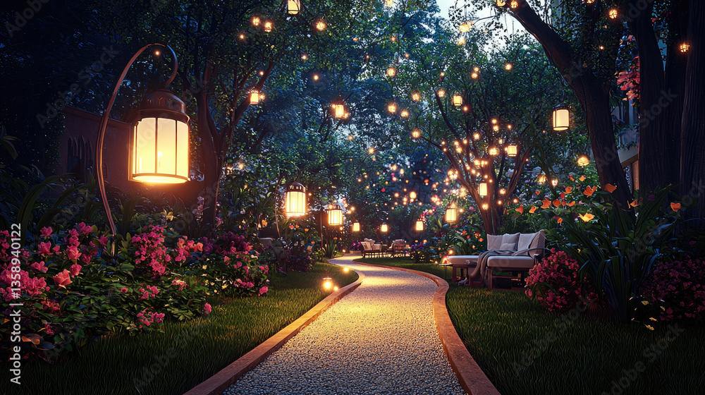 Poster tranquil nighttime garden illuminated by glowing lanterns creates serene atmosphere. winding path is