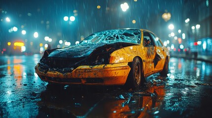 Damaged car with shattered windshield and scratched paint parked on a quiet street, depicting vehicle accident aftermath and insurance claim scenarios.