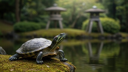 Fototapeta premium Close up Red-eared slider turtle on mossy rock near water garden, Japanese stone lanterns, lush greenery. Serene atmosphere in nature.