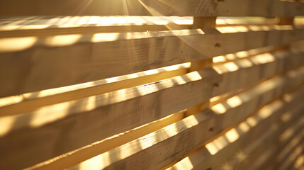 Sunlight filtering through wooden slats, creating a warm and inviting atmosphere.