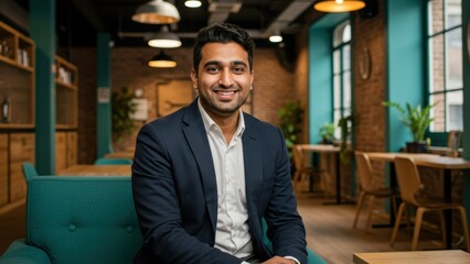 Smiling Indian businessman in suit sits on couch in an office. Soft, diffused lighting enhances the welcoming, professional atmosphere. Well-being, confidence.