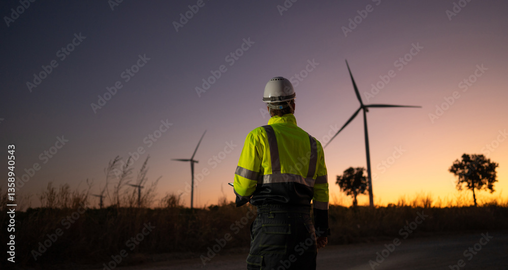 Aufkleber Engineer man working with tablet at windmill farm Generating electricity clean energy. Wind turbine farm generator by alternative green energy.