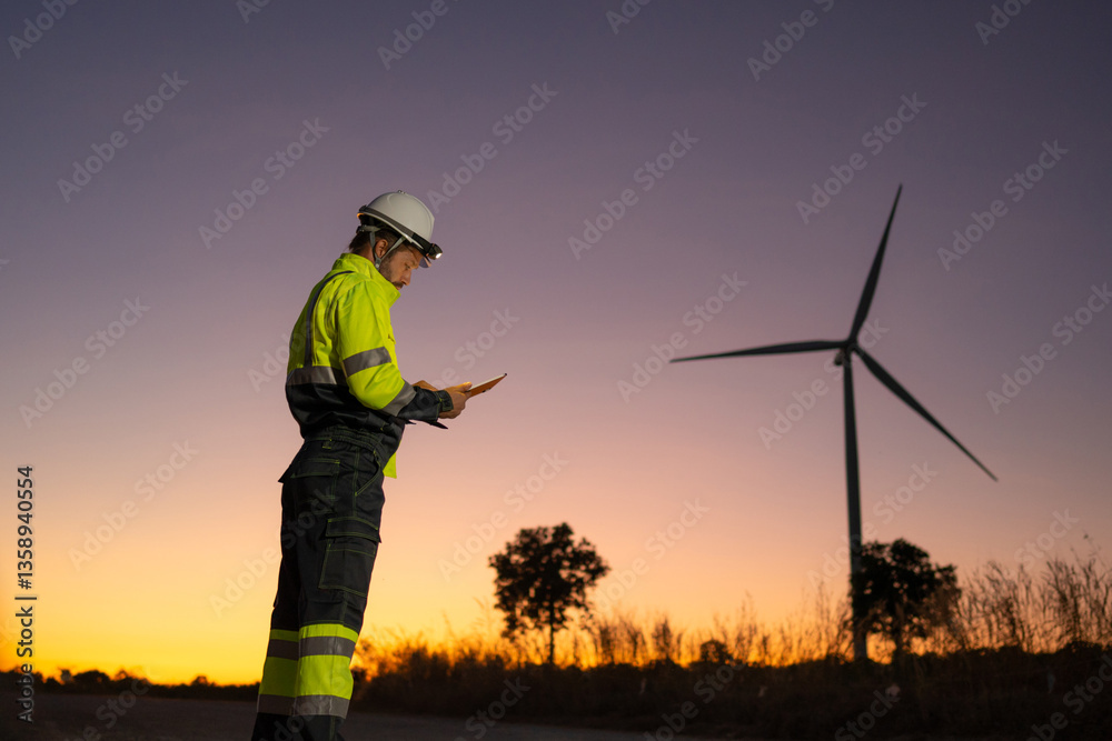 Poster engineer man working with tablet at windmill farm generating electricity clean energy. wind turbine 