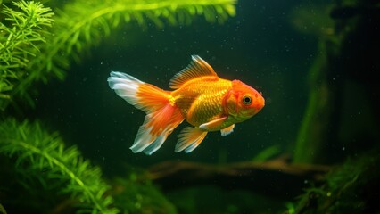 Single gold fish swims in murky water. Aquatic plant life provides soft focus background. Lighting highlights colors, focus on details and texture. Underwater life, tranquility.