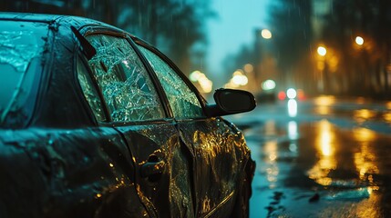 Damaged car with shattered windshield and scratched paint parked on a quiet street, depicting vehicle accident aftermath and insurance claim scenarios.