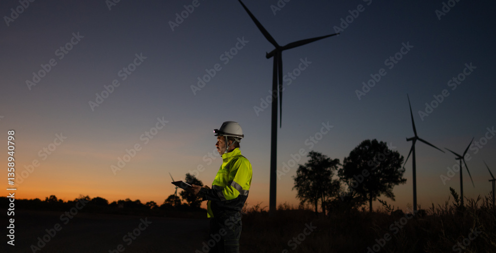Poster engineer man working with tablet at windmill farm generating electricity clean energy. wind turbine 