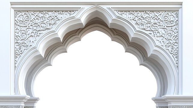 A beautifully crafted Arabic arch gate, with an intricate mosaic pattern along the frame and a smooth white finish, isolated on a white background.  