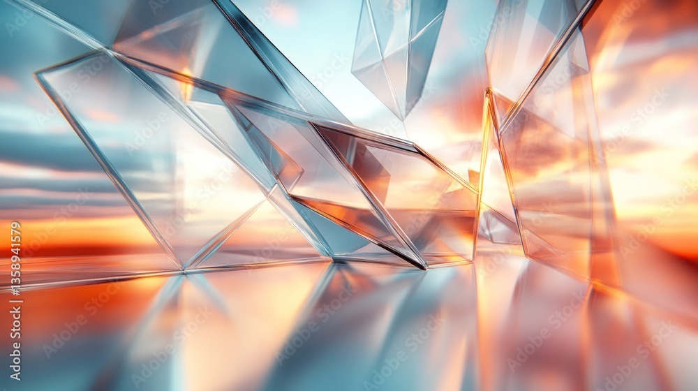 Poster geometric crystalline structures reflecting sunset hues creating an abstract and modern visual with 