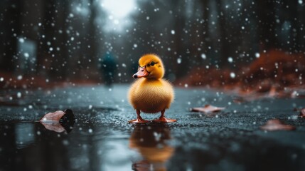 A cute duckling stands alone in the rain, its fluffy yellow feathers contrasting beautifully against the wet background, evoking feelings of innocence and resilience.