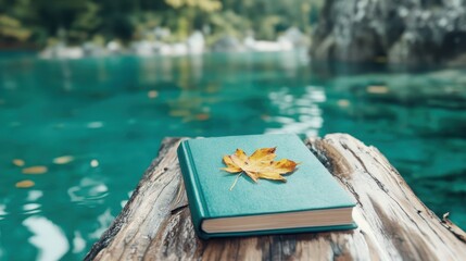 A serene scene depicts a book resting on a log with a vibrant fall leaf atop, set against a tranquil water backdrop, suggesting reflection and peace.